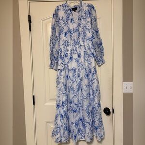 MSK White and Blue Floral Dress in Italian Style Tile Print. Size Large.